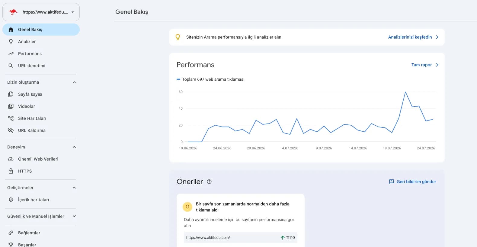 AktifEdu Google Search Console performance view and early search signals