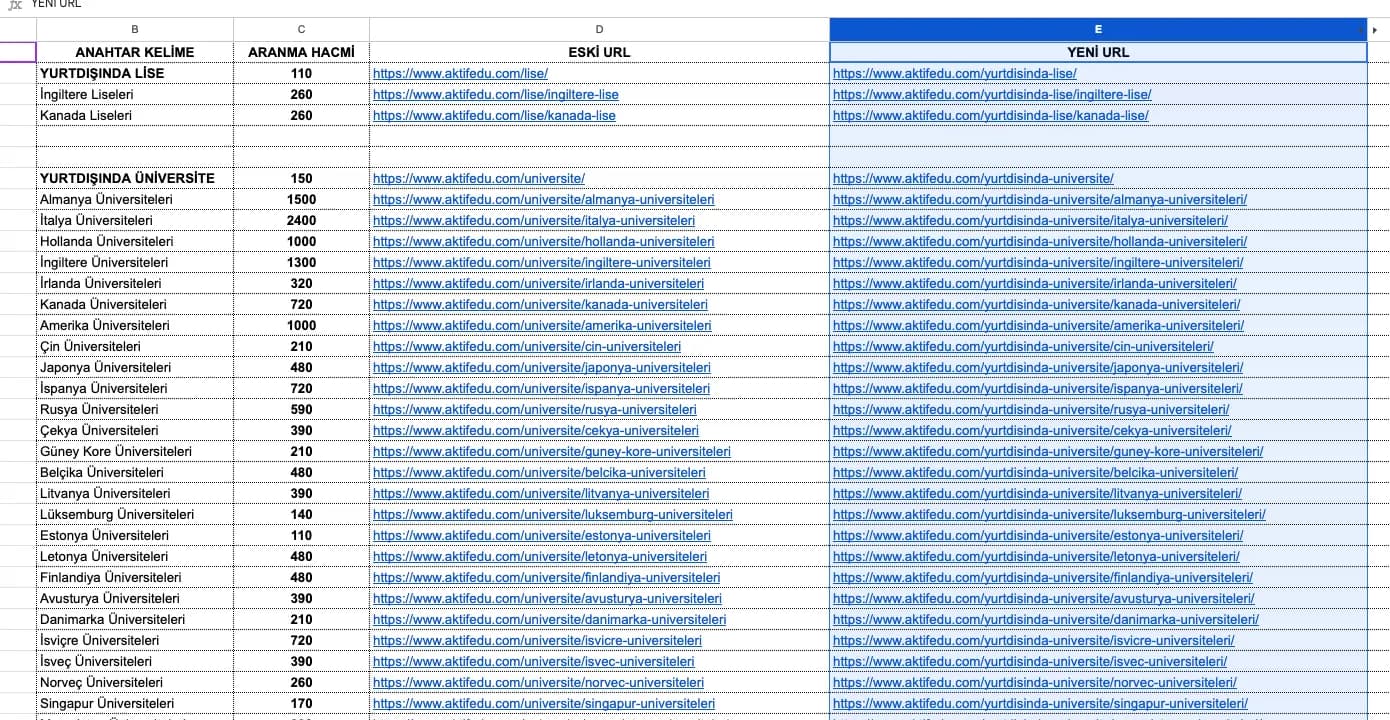 AktifEdu keyword, search volume, old URL and new URL mapping work