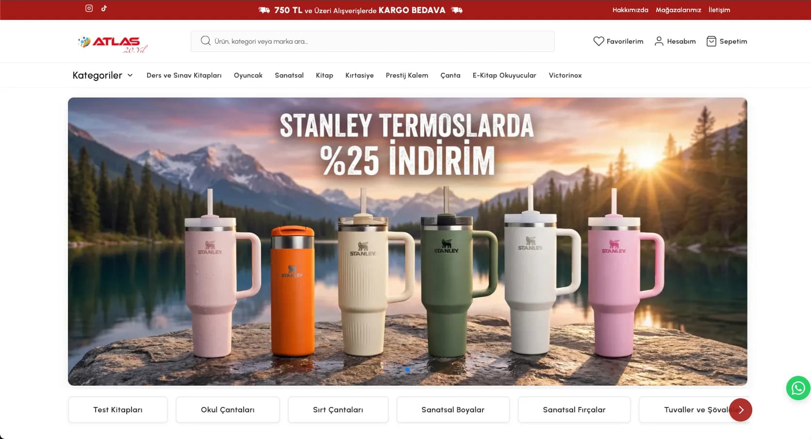 Desktop home page of the custom Shopify store designed for Atlas Kırtasiye