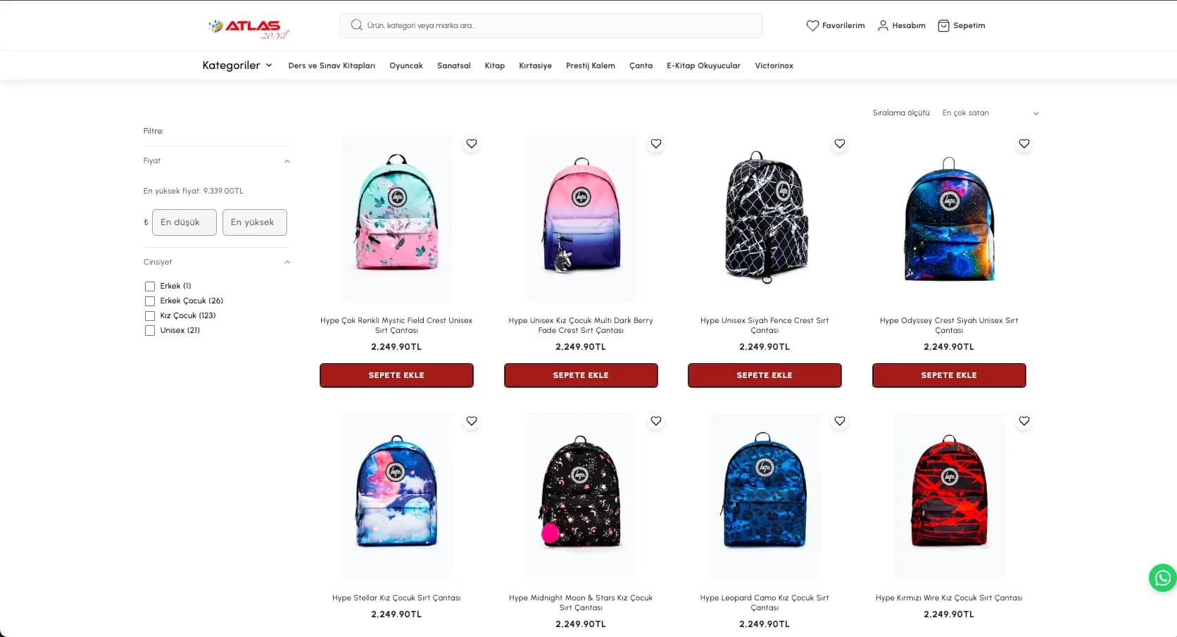 Atlas Kırtasiye desktop product listing and filtering page