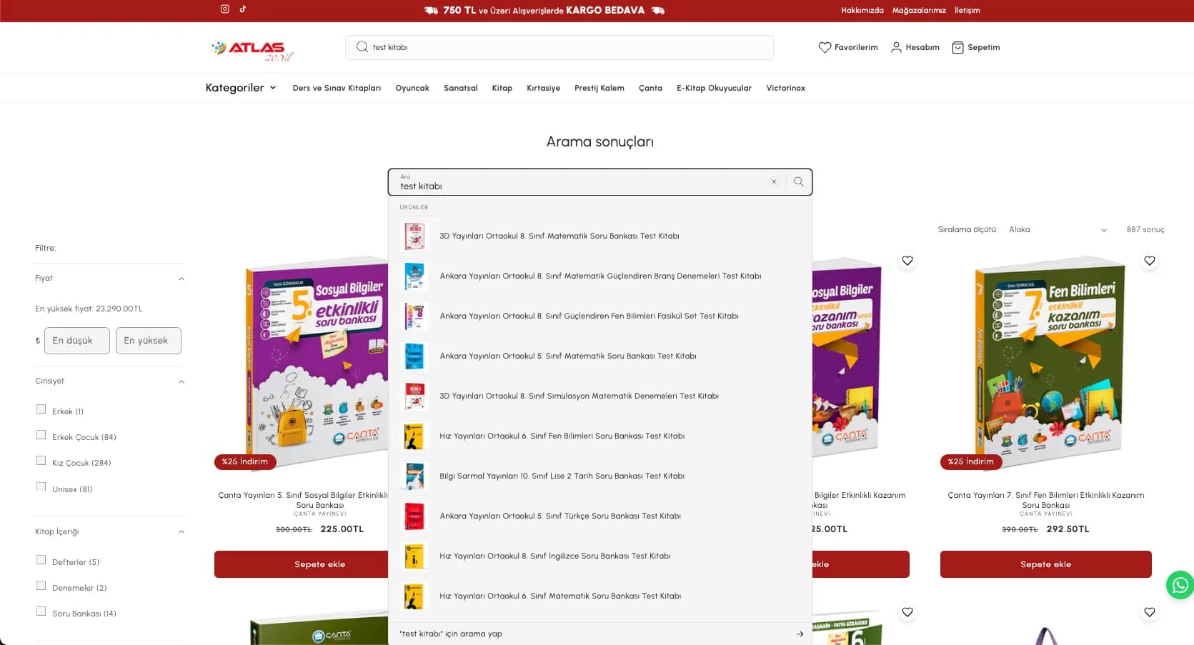 Atlas Kırtasiye product search with instant result suggestions