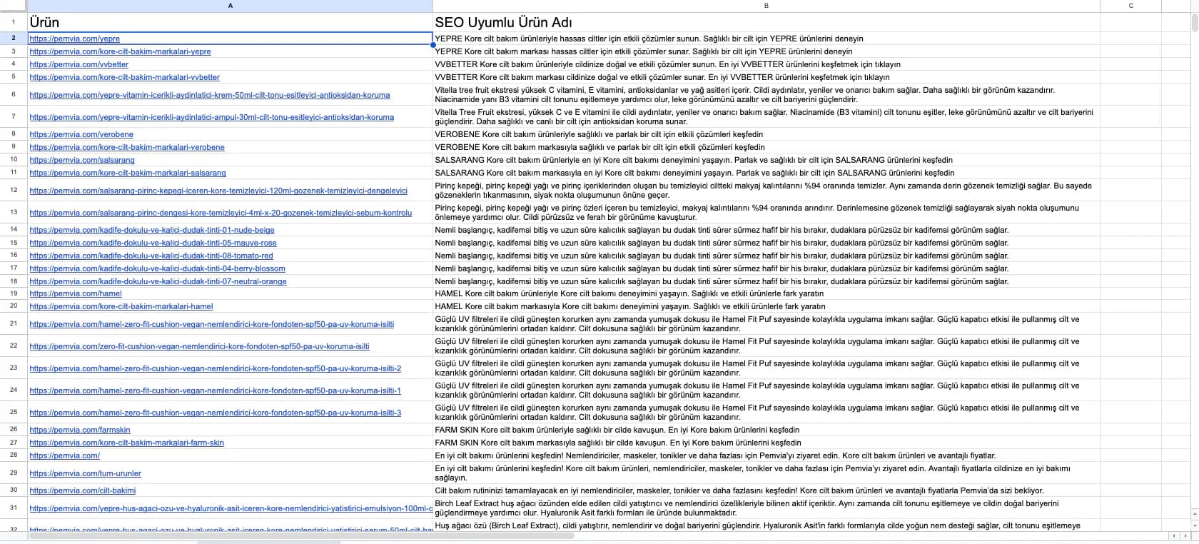 SEO-focused description work for Pemvia Seoul product and brand pages