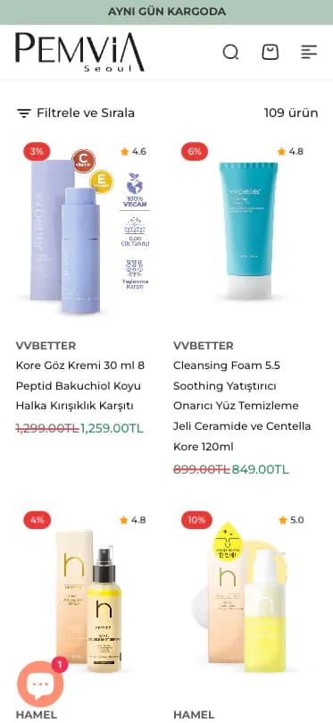 Pemvia Seoul mobile product listing screen
