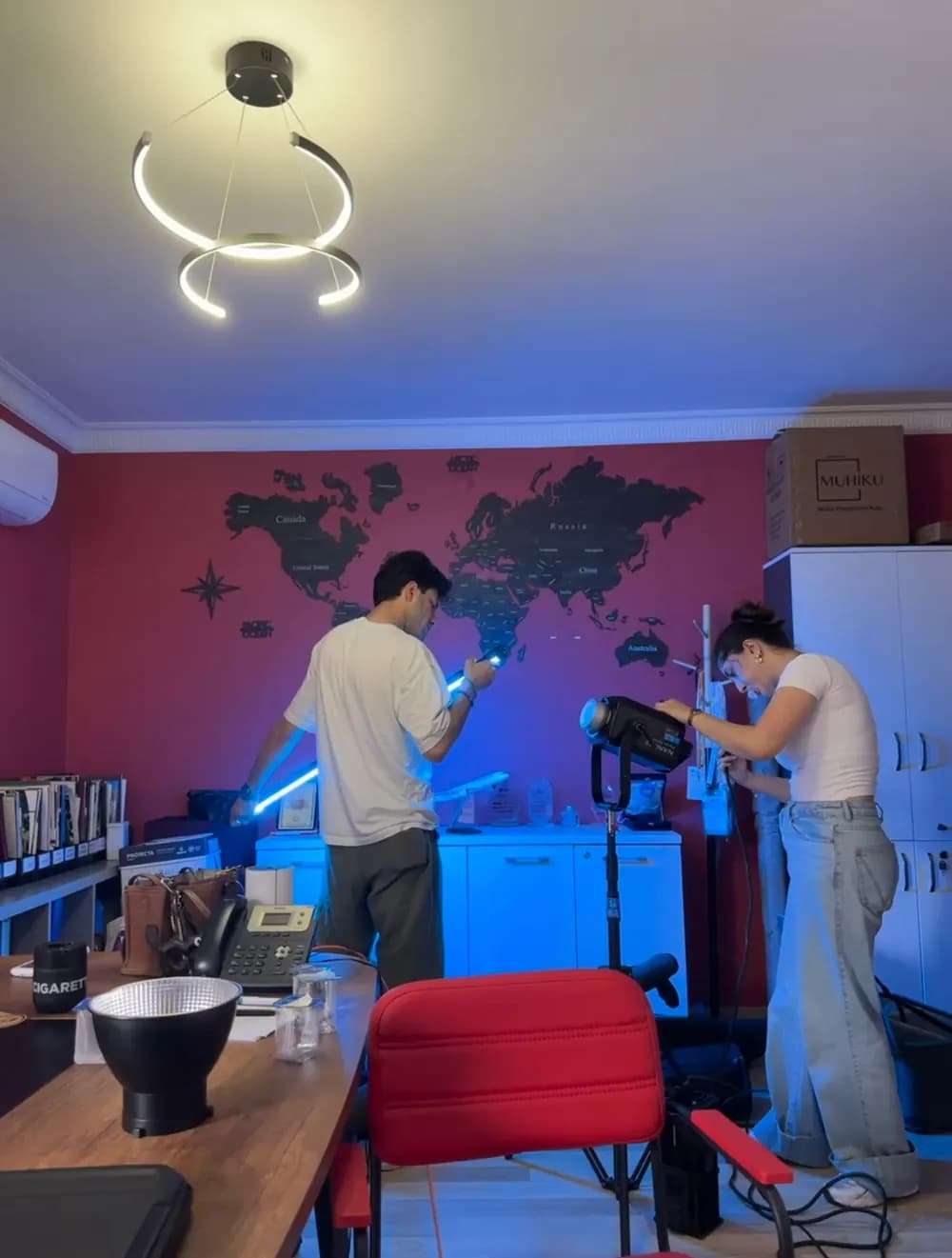 Multimediatick crew preparing coloured lighting and the set during the AktifEdu shoot