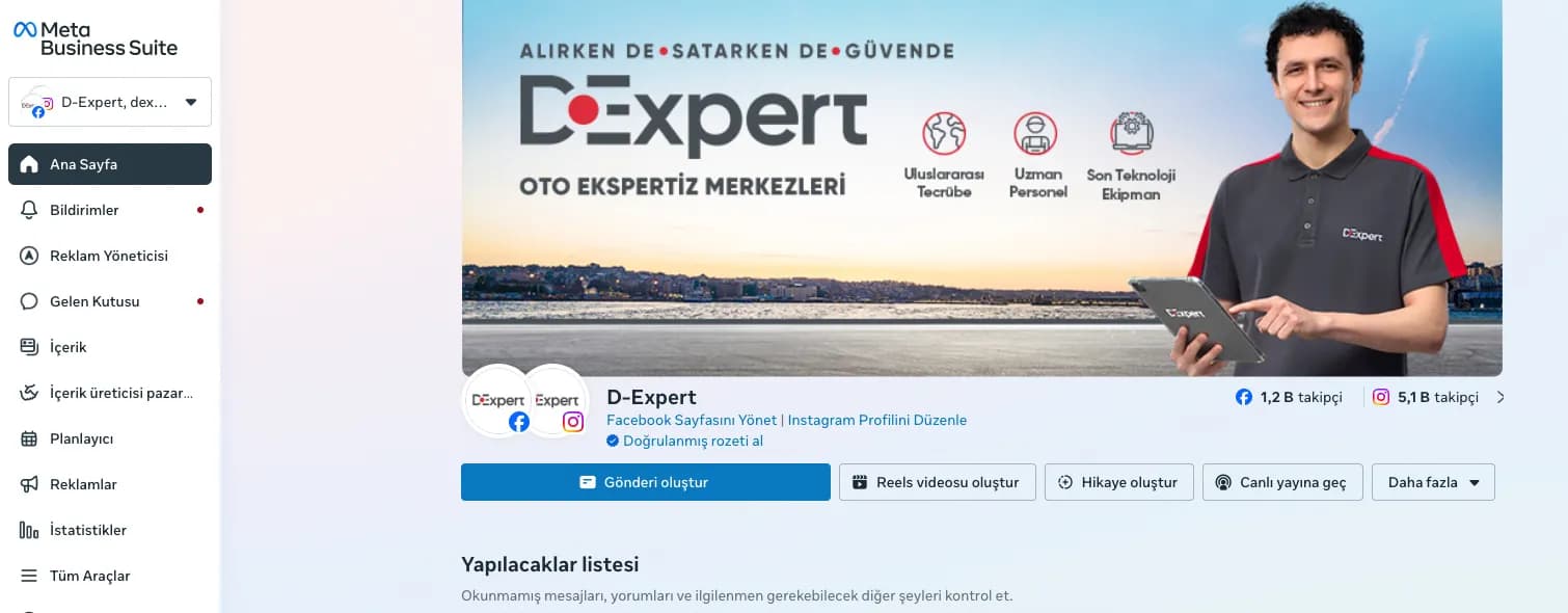 Meta Business Suite management view for the D Expert Instagram and Facebook accounts